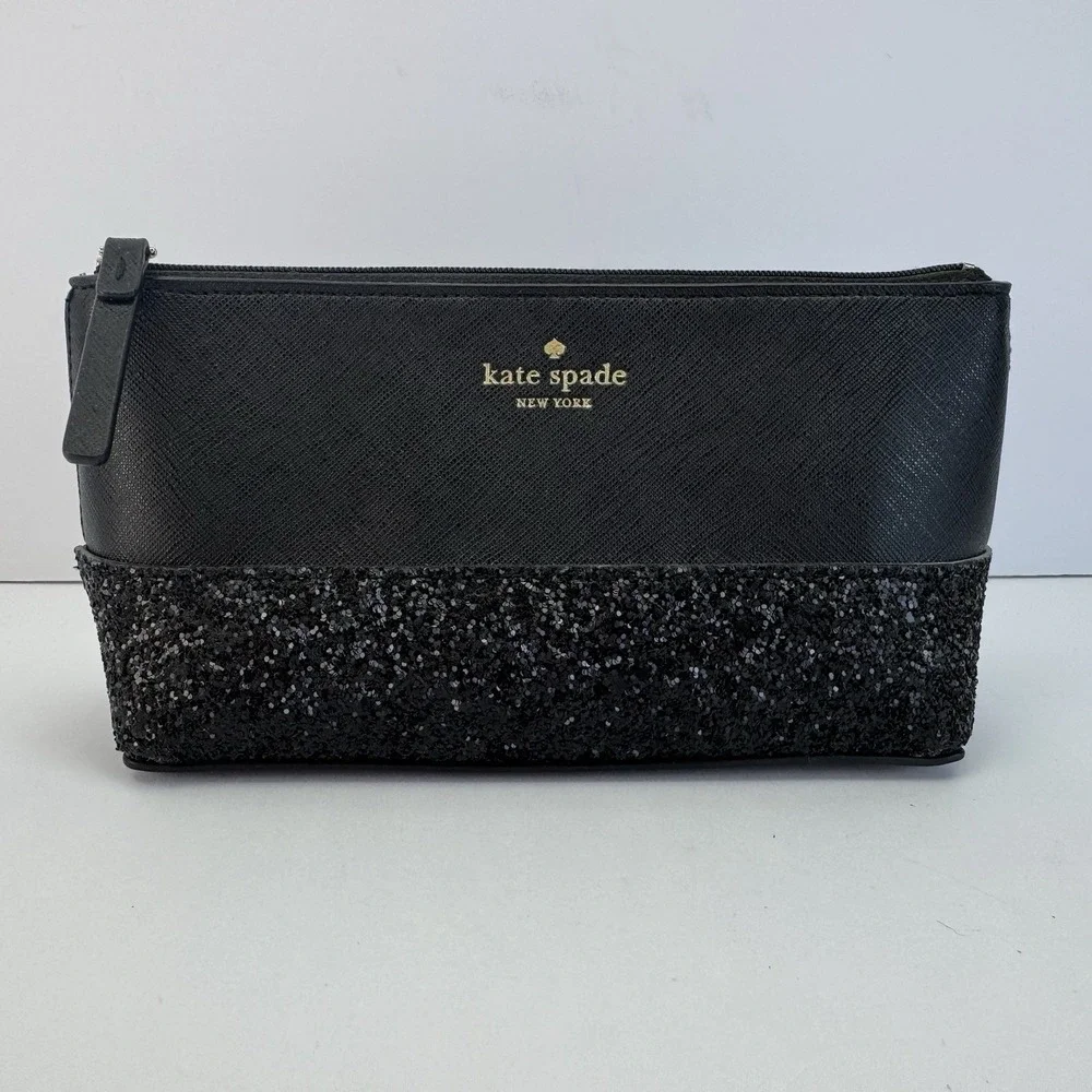 Kate Spade New York Greta Court Little Shiloh Black Sparkly Glitter Cosmetic Bag